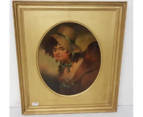 Interesting 19thC Oil on Canvas – Oval Shaped Portrait of a Woman wearing a Straw Bonnet with a green ribbon and carrying a b
