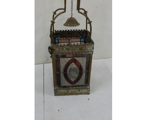 19thC Brass Framed Hall Lantern, with coloured glass inserts, leaded borders (no cracks to glass), with original ceiling brac