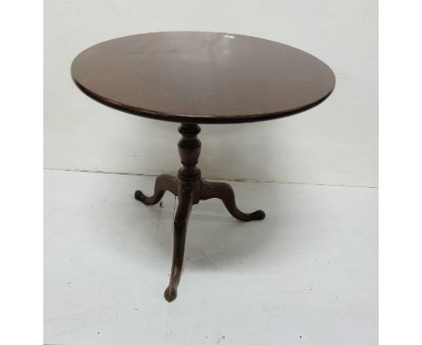 Antique mahogany snap top Table, circular, tripod base (one leg &amp; top of pod damaged), pad feet, 48cm dia