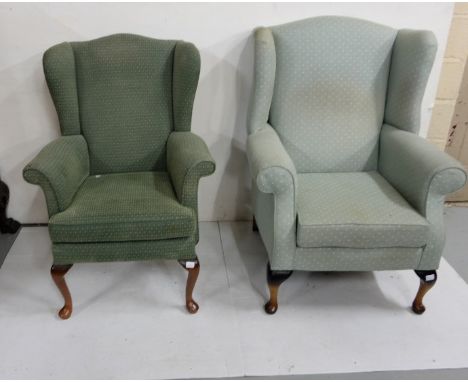 2 x Parker Knowles Wing Backed Armchairs on Queen Anne legs – 1 upholstered with dark green fabric &amp;1 light green/white f