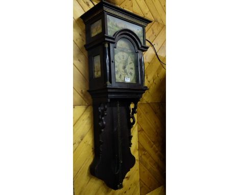 Dutch Wall Clock with painted dial and painted upper panels - rural house and parklands scenes in a walnut case, 1.15m h x 43