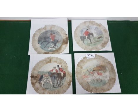 4 unusual vintage hand painted silk comical picture lace trimmed circular Napkins, horse and hound hunting scenes (4)