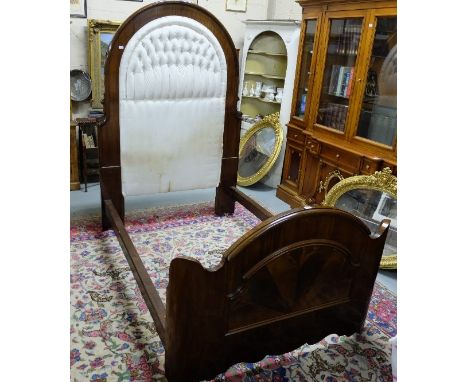 Late 19thC Mahogany Half Tester Bed, the oval headboard covered with deep button white satin fabric, feathered mahogany baseb