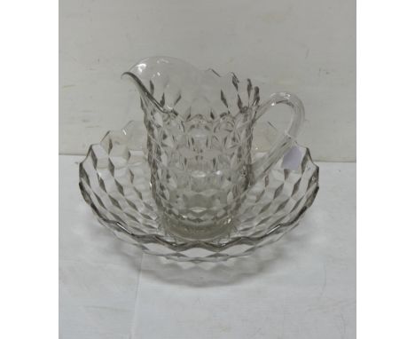 Cut Glass Wash Basin (16”dia) with matching Glass Ewer (no chips), 