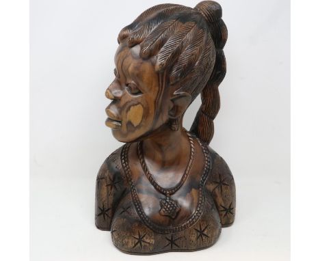 Hardwood African Tribal bust of a lady, H: 38 cm. UK P&amp;P Group 3 (£30+VAT for the first lot and £8+VAT for subsequent lot
