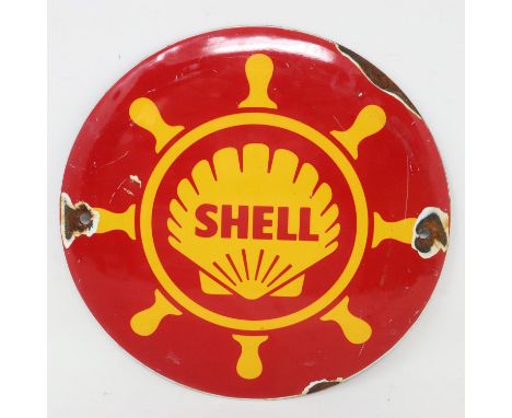 Circular enamel Shell sign, D: 16 cm. UK P&amp;P Group 1 (£16+VAT for the first lot and £2+VAT for subsequent lots) 