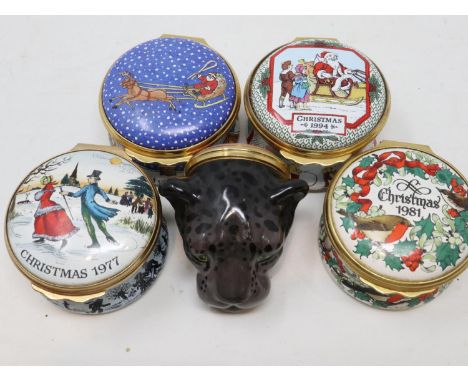 Five Halcyon Days enamelled pill boxes, largest D: 50 mm, there are visible scratches to panther as well as a mark on one of 