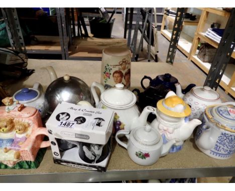 Gilt framed Lourdes centenary year print and mixed collectable teapots. Not available for in-house P&amp;P 