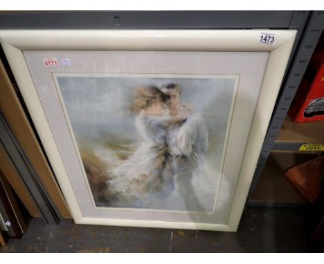 Signed print of a woman and man at the beach, signature indistinct, 50 x 60 cm. Not available for in-house P&amp;P 