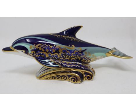 Royal Crown Derby bottle nose dolphin paperweight, with gold stopper, seconds quality, no cracks or chips, L: 19 cm. UK P&amp