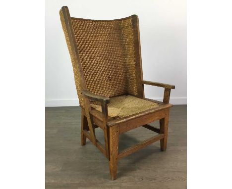 OAK ORKNEY CROFTER'S CHAIR,with woven rush back and seat, raised on stretchered and tapered supports Some light general surfa