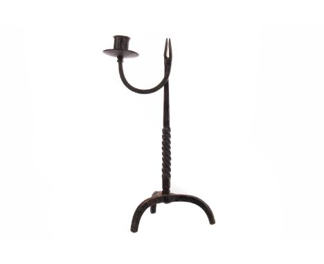 LATE 18TH/EARLY 19TH CENTURY CAST IRON RUSH NIP AND CANDLESTICK,30cm high