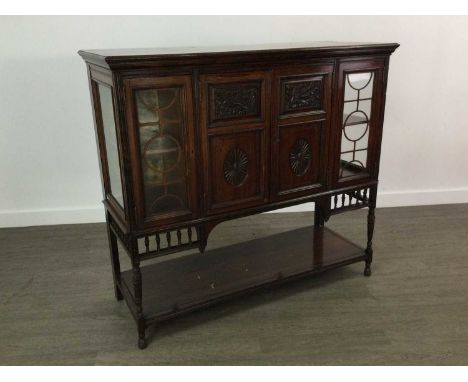 19TH CENTURY ROSEWOOD SIDE CABINET,with twin carved panel doors enclosing single shelf, flanked by glazed doors, also enclosi