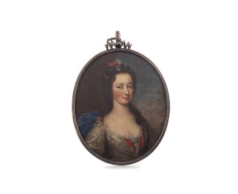 EARLY/MID-19TH CENTURY PORTRAIT MINIATURE OF A LADY,pictured in silk gown, unsigned, 8.5 x 7cm, housed in a white metal frame
