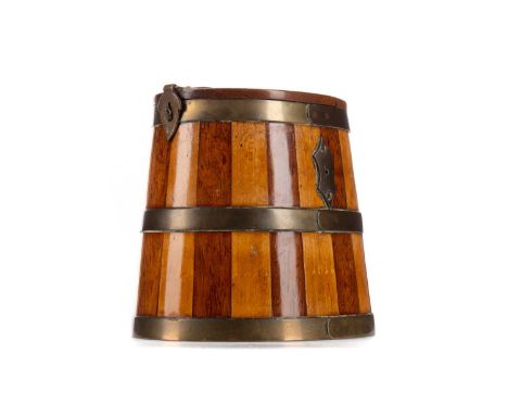19TH CENTURY TREEN CADDY,of tapered and coopered form, the top with inlaid decoration and initials 'J D' to hinged section, 1