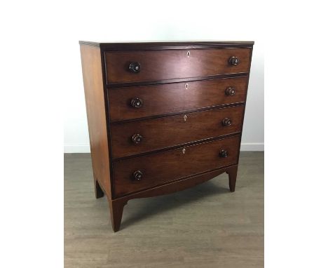 19TH CENTURY MAHOGANY CHEST OF FOUR DRAWERS,raised on splayed supports, 107cm wide Scratches, gouges, nicks, ring marks and f