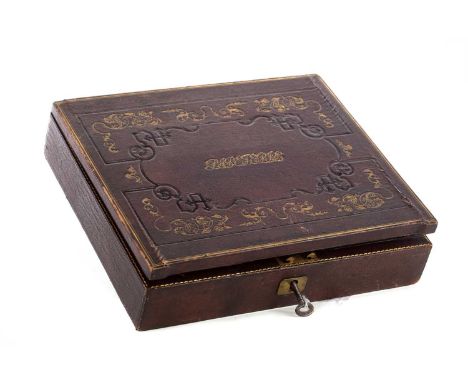 ATTRACTIVE 19TH CENTURY FRENCH TOOLED MOROCCO WRITING BOX,the hinged cover stamped 'Papeterie', enclosing a fitted interior w