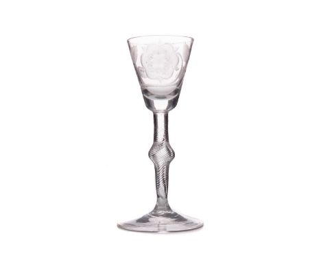 18TH CENTURY WINE GLASS OF JACOBITE SIGNIFICANCE,the funnel bowl wheel-engraved with the six-petal Jacvobite rose flanked by 