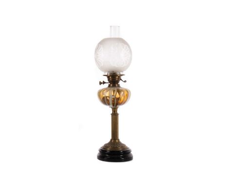 VICTORIAN COLUMN GAS LAMP,with etched ovoid shade, mottled glass reservoir over a fluted column and lacquered base, 66cm high