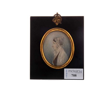 LATE 19TH/ EARLY 20TH CENTURY PORTRAIT MINIATURE OF A LADY,watercolour on ivory, modelled in profile, image 7cm x 6cm, in ebo