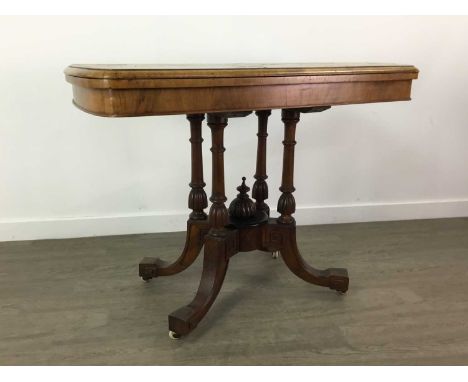 VICTORIAN BURR WALNUT CROSSBANDED CARD TABLE,the turnover quarter veneered top with scroll marquetry inlay, baize lined playi