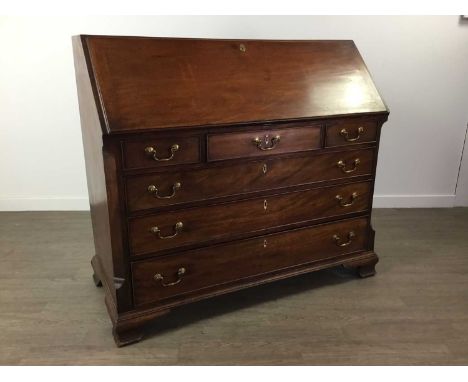 GEORGE III MAHOGANY BUREAU,the fall front housing fitted interior with central section bearing ivory and parquetry inlay, wit