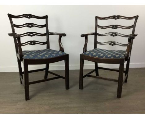 PAIR OF 19TH CENTURY MAHOGANY ARMCHAIRS,in the George III manner, with pierced ladder back, swept acanthus carved arms, on sq