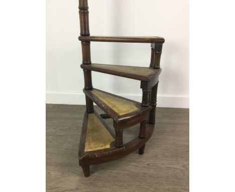 EARLY 20TH CENTURY MAHOGANY LIBRARY STEPS,each step inset tooled leather, brass ball finial, 114cm high
