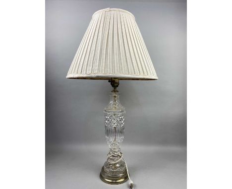 PAIR OF LEAD CRYSTAL TABLE LAMPS,each of baluster form with diamond to flute moulded body, silvered base with beaded border, 