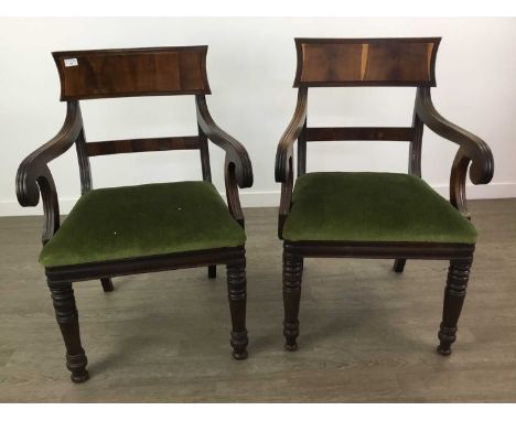 PAIR OF SCOTTISH POST REGENCY OAK OPEN ELBOW CHAIRS,with green upholstered drop-in seats and raised on ring turned front supp
