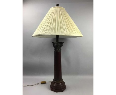 REPRODUCTION CORINTHIAN COLUMN TABLE LAMP,in simulated walnut with bronzed capital, 95cm high including shade