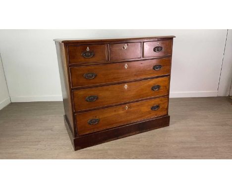 VICTORIAN MAHOGANY CHEST OF DRAWERS,with ivory escutcheons, raised on later plinth base, 98cm high by 110cm wide