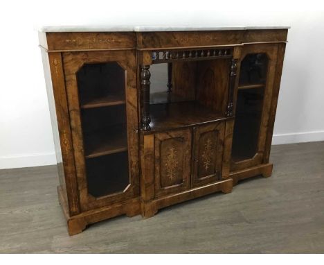 VICTORIAN WALNUT BREAKFRONT CREDENZA,with marquetry detail and marble top, the twin glazed doors each enclosing two shelves f