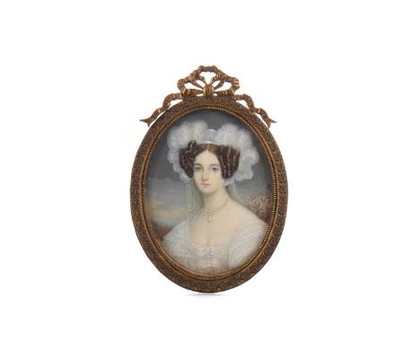 VICTORIAN PORTRAIT MINIATURE OF A LADY,watercolour on ivory, image 7.9cm high, 6cm high, framed and under glass