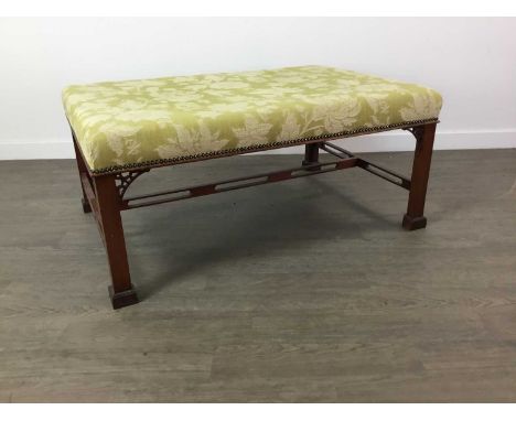 CHINESE CHIPPENDALE STYLE MAHOGANY FRAMED SALON STOOL,with stylised floral upholstery on a pale ground, on chamfered square l