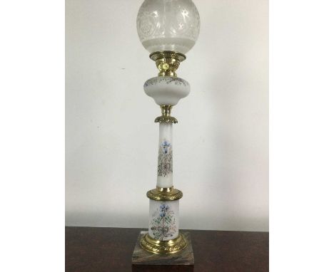 VICTORIAN PAINTED OPAQUE GLASS OIL LAMP,with etched glass shade, decorated with ribbons and foliage, with brass mounts, on a 