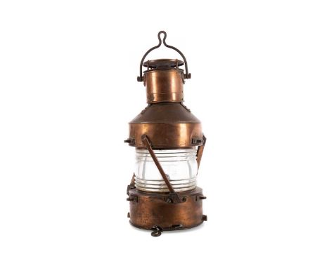 SHIP'S COPPER MAST HEAD LAMP,by Anderson &amp; Gyde Ltd. of Birmingham, anchor patt., with swing handle, ribbed clear glass s