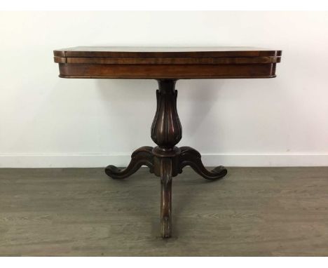VICTORIAN MAHOGANY CARD TABLE,the turn over top with relined baize playing surface, on a moulded baluster column and triple c