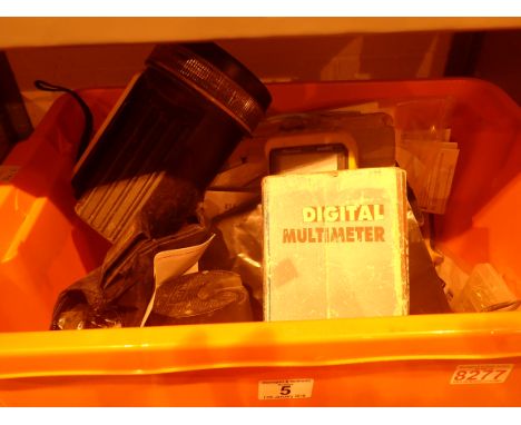 Box of assorted tools including torch multi meter pliers fixings instruction manuals etc