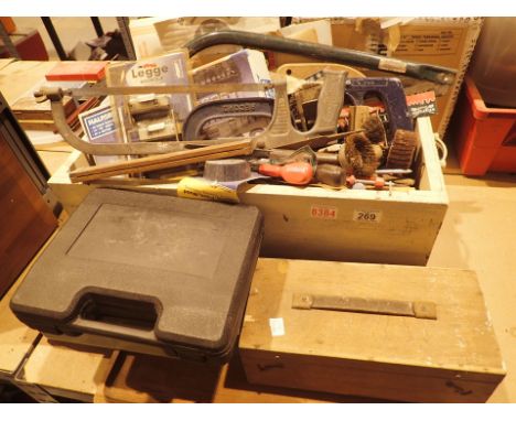 Selection of tools saws spanners etc plus sandpaper