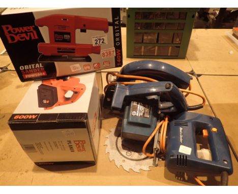 Power Devil sander and planer both boxed and an unboxed Black and Decker jigsaw and circular saw