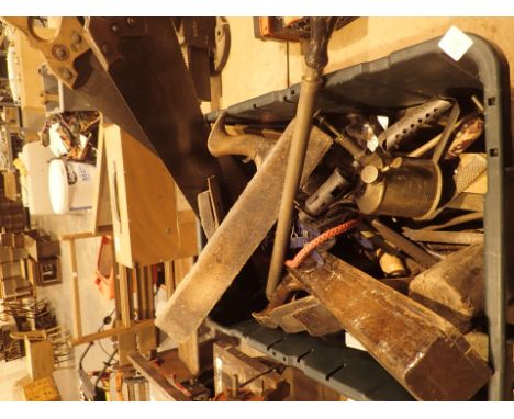 Box of tools including vintage box planes brass blow lamp etc