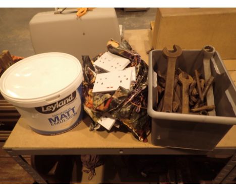 10 litre tub of Leyland magnolia matt emulsion also electrical light switches box of spanners etc