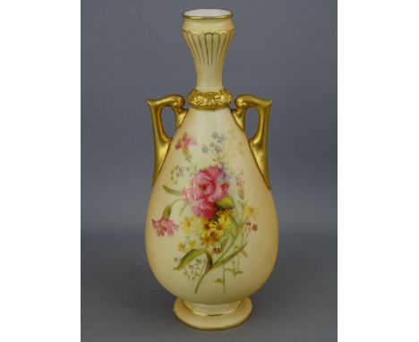 Royal Worcester narrow necked two handled blush ground vase with floral posy decoration front and rear, no. 2317 to the base,