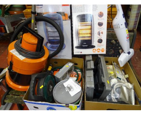 Two halogen heaters, VAX carpet cleaner, Bissell Featherweight vacuum cleaner and two boxes of extension cable, Black &amp; D