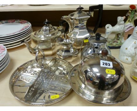 Three piece octagonal shaped tea service and an electroplate muffin dish