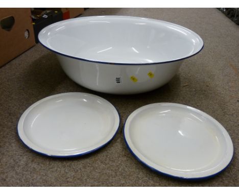 Large enamel ware bowl and two plates