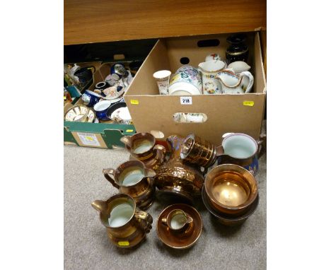 Box of ginger jars, vases and jugs including good sized Poole pottery jug, quantity of copper lustre etc
