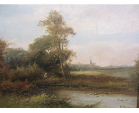R PERCY oil on canvas - countryside scene with gentleman fishing in a river, 36 x 49 cms
