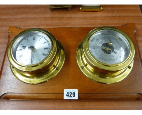 Modern mahogany mounted brass clock and barometer set